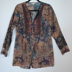 Coldwater Creek Blouse Embroidered Lace Long Sleeve Tunic Brown Womens Small 6-8